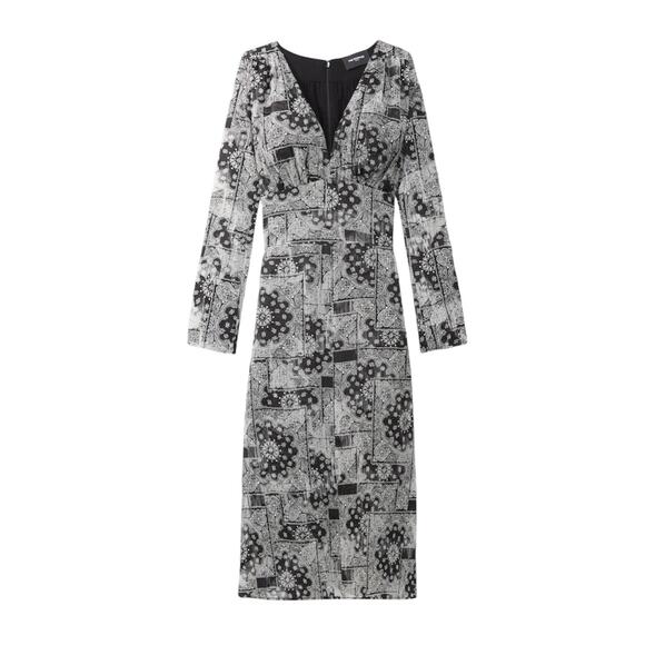 The Kooples Black & White V-Neck Bandana Print Long Sleeve Dress Women’s Size 0 - Picture 1 of 10
